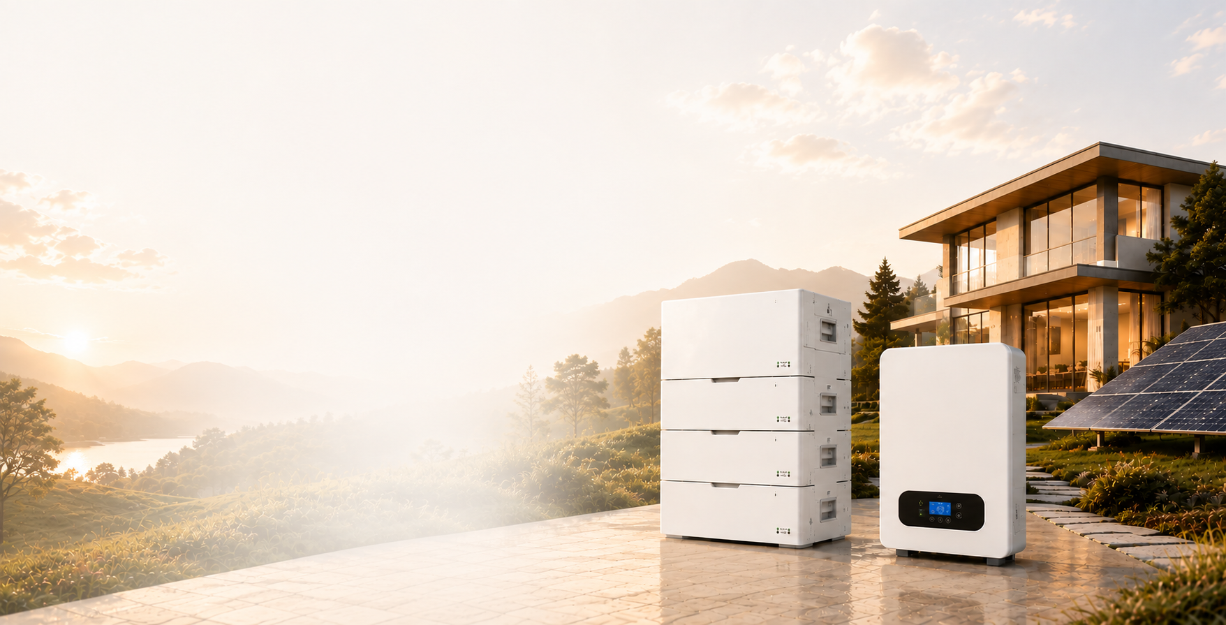 UKAVA lithium battery stack and inverter outside a modern home